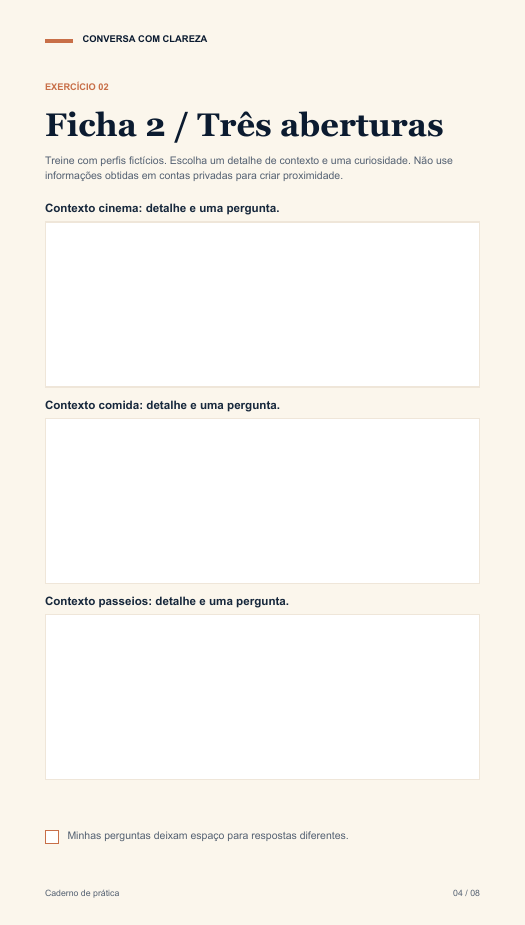 Amostra real do caderno de Do Match ao Convite: ficha 2, Três aberturas, com campos de prática em branco.