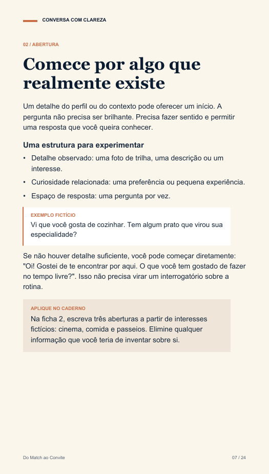 Página 7 de Do Match ao Convite: Comece por algo que realmente existe, com estrutura de abertura e exemplo comentado.